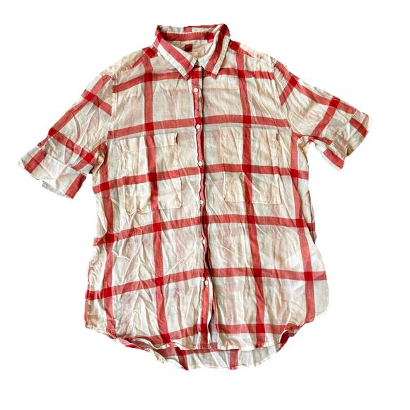 LEVI’S Blouse Sz S Casual Red White Plaid Button Up Short Sleeve Top Semi Sheer - Picture 1 of 12